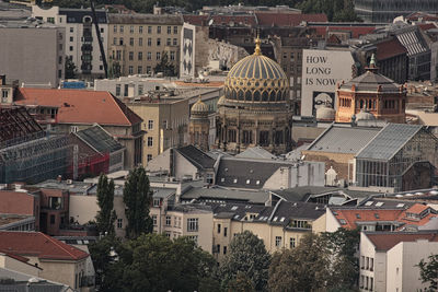 High angle view of illuminated buildings in city