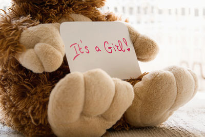 Close-up of text on paper with teddy bear on seat