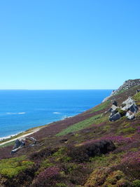 Scenic view of sea seen from mountain against clear sky