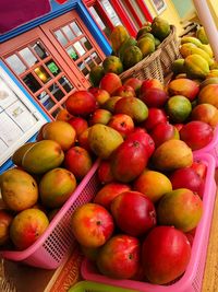 Full frame shot of apples in basket at market