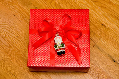 High angle view of red ball in box on table
