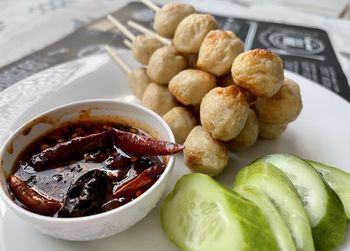 High angle view of food in plate on table