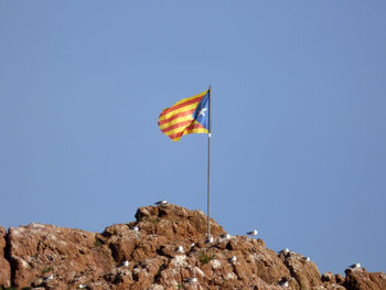 Flag with seagulls perching on rock against clear sky