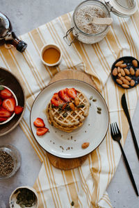 High angle view of breakfast on table