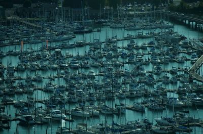 Aerial view of boats moored in lake