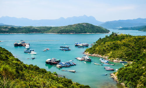 High angle view of boats moored in bay
