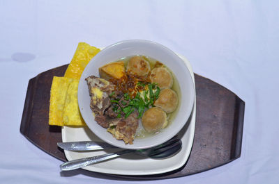 High angle view of meal served on table