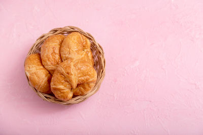 High angle view of bread in basket on table