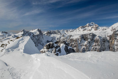 Scenic view of snow covered mountains against sky