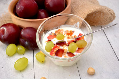 High angle view of fruits in bowl on table