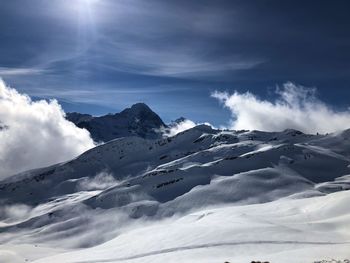 Scenic view of snow covered mountains against sky