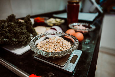 High angle view of breakfast on table