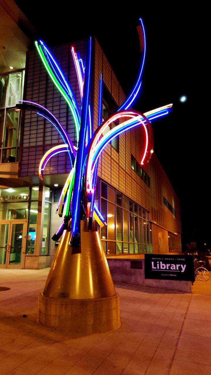 illuminated, night, built structure, architecture, building exterior, multi colored, lighting equipment, light - natural phenomenon, city, long exposure, no people, street, blue, light trail, outdoors, glowing, absence, colorful, low angle view, electricity