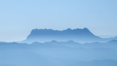 Scenic view of mountains against clear blue sky