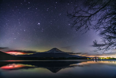 Scenic view of lake and mountains against sky at night