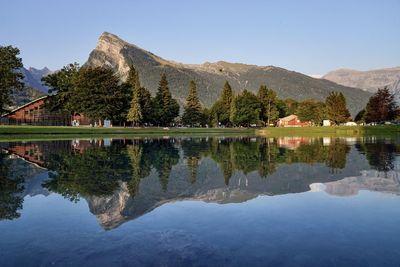 Scenic view of lake and mountains against sky