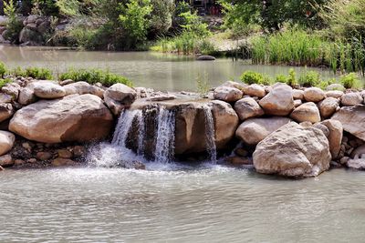 Scenic view of river flowing through rocks in forest