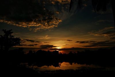 Reflection of trees in water at sunset