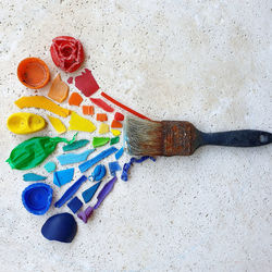 High angle view of various paint on table