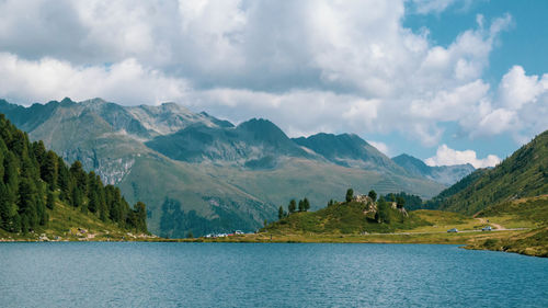 Scenic view of lake and mountains against sky