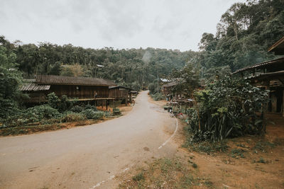 Road amidst trees and houses against sky