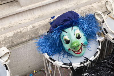 Basel, switzerland - february 28th 2023. close-up of a carnival mask and snare drum