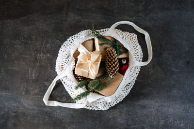 Zero waste, sustainable, green, eco-friendly christmas gifts. zero waste gift wrapping flat lay