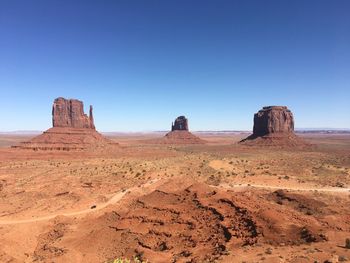 Rock formations in desert against clear blue sky