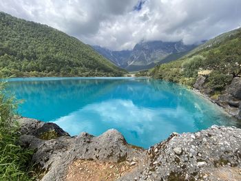 Panoramic view of lake and mountains against sky