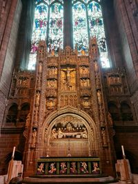 Low angle view of ornate window in building