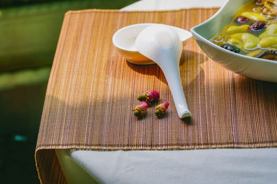 High angle view of breakfast on table