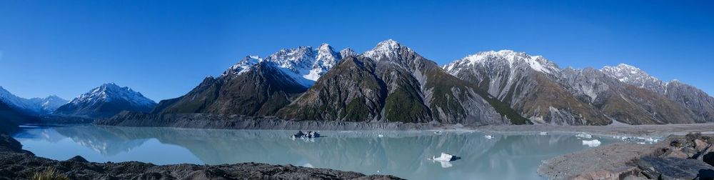 Panoramic view of snowcapped mountains against clear blue sky