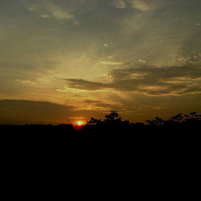 sunset, silhouette, tranquil scene, scenics, tranquility, beauty in nature, sky, landscape, sun, nature, idyllic, orange color, tree, dark, cloud - sky, cloud, outline, outdoors, field, copy space