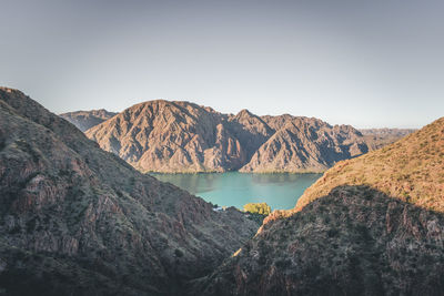 Scenic view of lake and mountains against clear sky