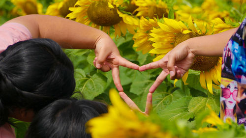 Woman with children gesturing peace sign at sunflower farm