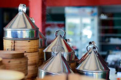 Close-up of wine bottles on table