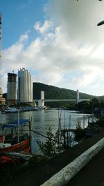 Scenic view of river by cityscape against sky