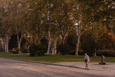 Rear view of people walking on road in park