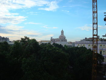 Trees and buildings in city against sky