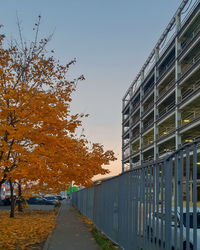 Street amidst buildings against clear sky during autumn