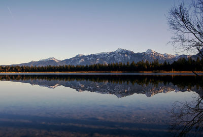 Scenic view of lake and mountains against clear sky