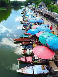 High angle view of people floating on lake