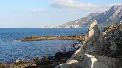 Scenic view of sea and rocks against sky