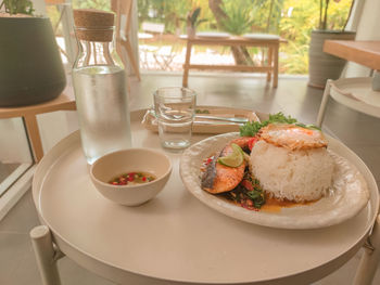 Close-up of food served on table