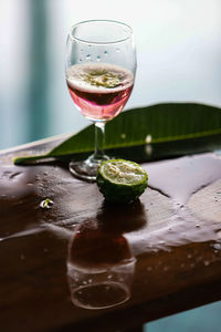 Close-up of beer in glass on table