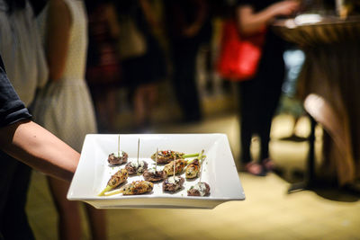 Cropped hand holding plate with appetizers