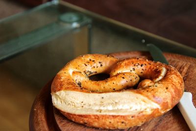 Close-up of pretzel in plate