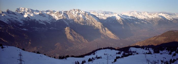 Scenic view of snowcapped mountains against sky