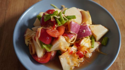 High angle view of food in plate on table