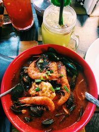 High angle view of seafood in plate on table